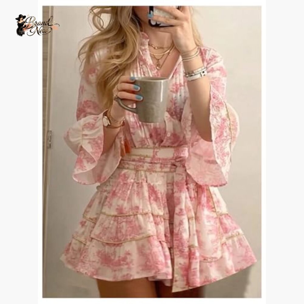 Floral Ruffle Mini Dress 3/4 Sleeve V Neck Boho Vacation Casual - Picture 4 of 5